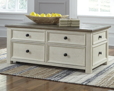 Signature Design by Ashley Bolanburg Farmhouse Lift Top Coffee Table with Drawers, Antique White & Brown