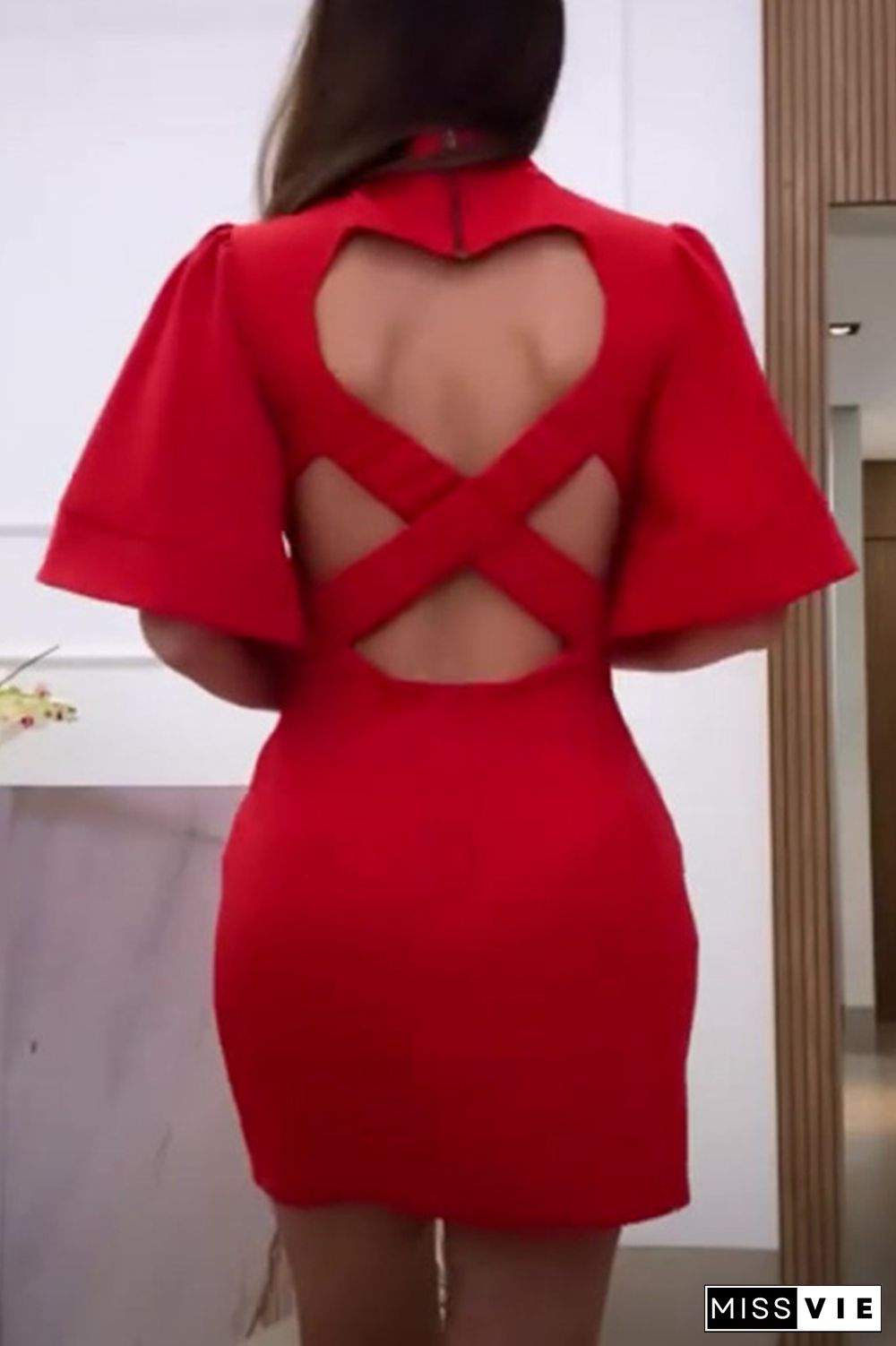 Sexy Simplicity Solid Backless O Neck Wrapped Skirt Dresses