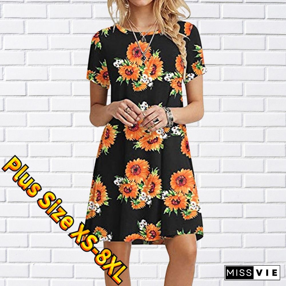 Ladies Fashion Dress Floral Leaf Print Ladies Casual Dress Summer Beach Short Sleeve Dress Long Skirt Plus Size Xs-8Xl