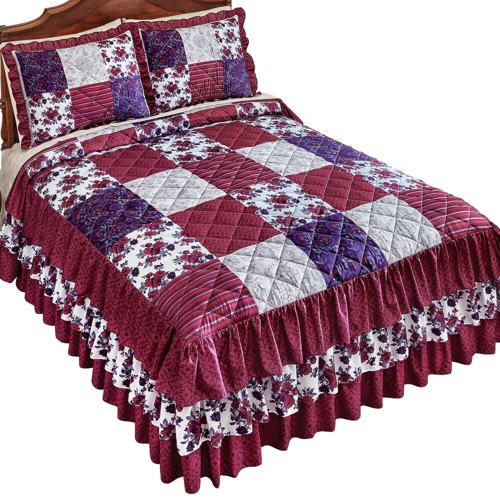 Patchwork Style Quilted and 3 Tier Ruffled Bedspread