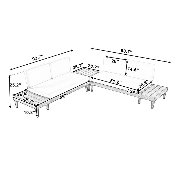 Outdoor 3 piece Garden Solid Wood Furniture Sofa With Coffee Table Side Table And Cushions Gray beige Modernluxe