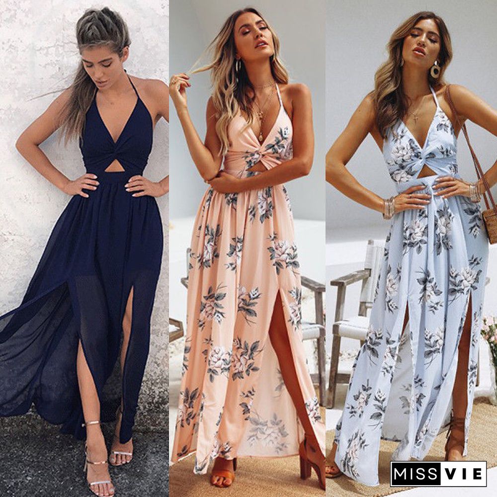 Womens Summer Boho Maxi Long Dress Evening Party Beach Dresses Sundress Floral Halter Dress Summer