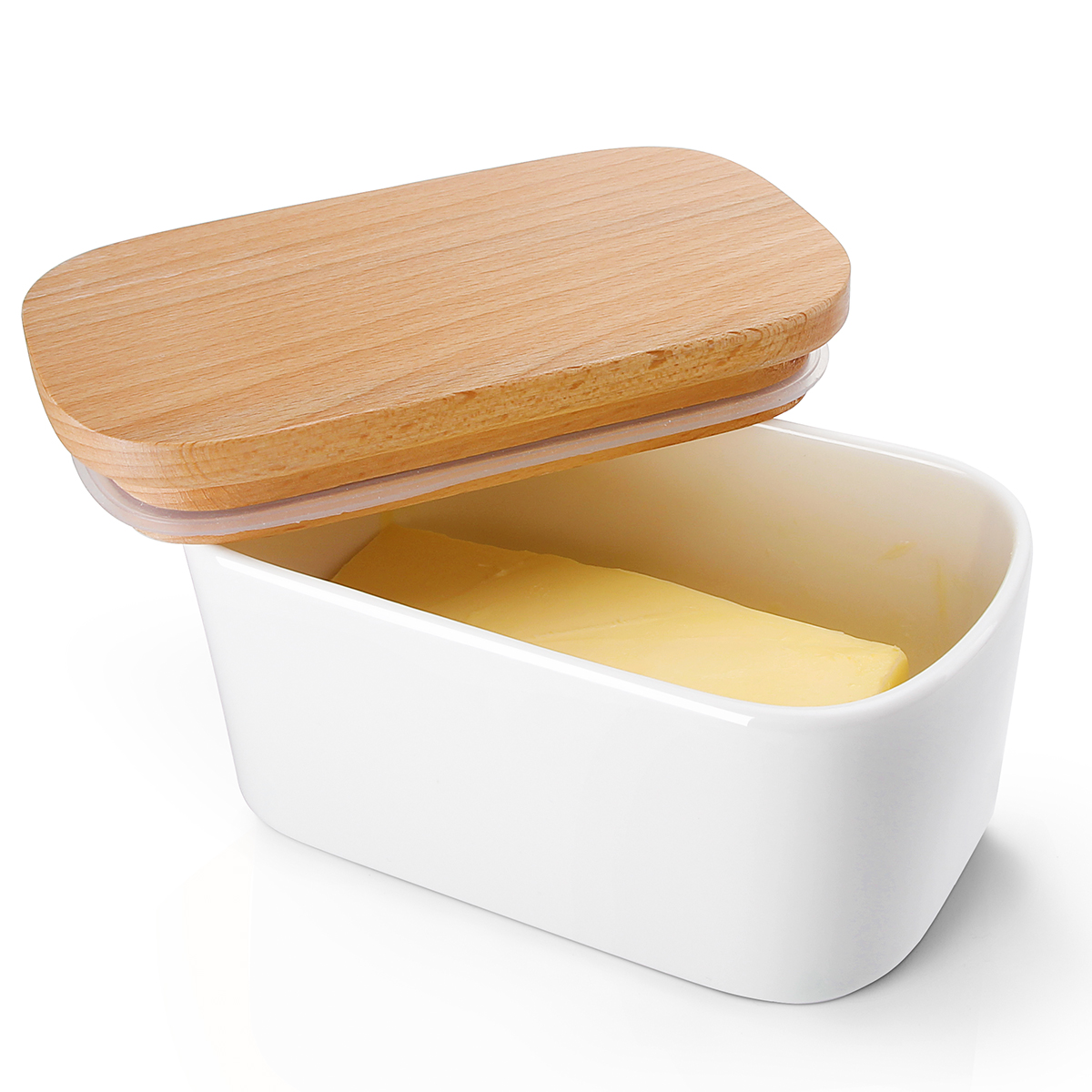 White Airtight Butter Dish with Beech Wooden Lid， Set of 1