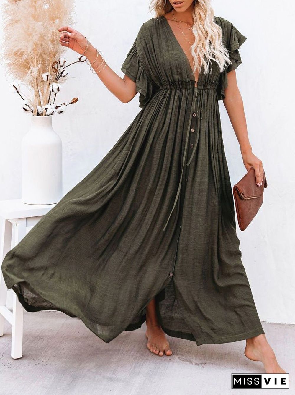 Women'S Dresses V-Neck Button Drawstring Waist Pocket Dress