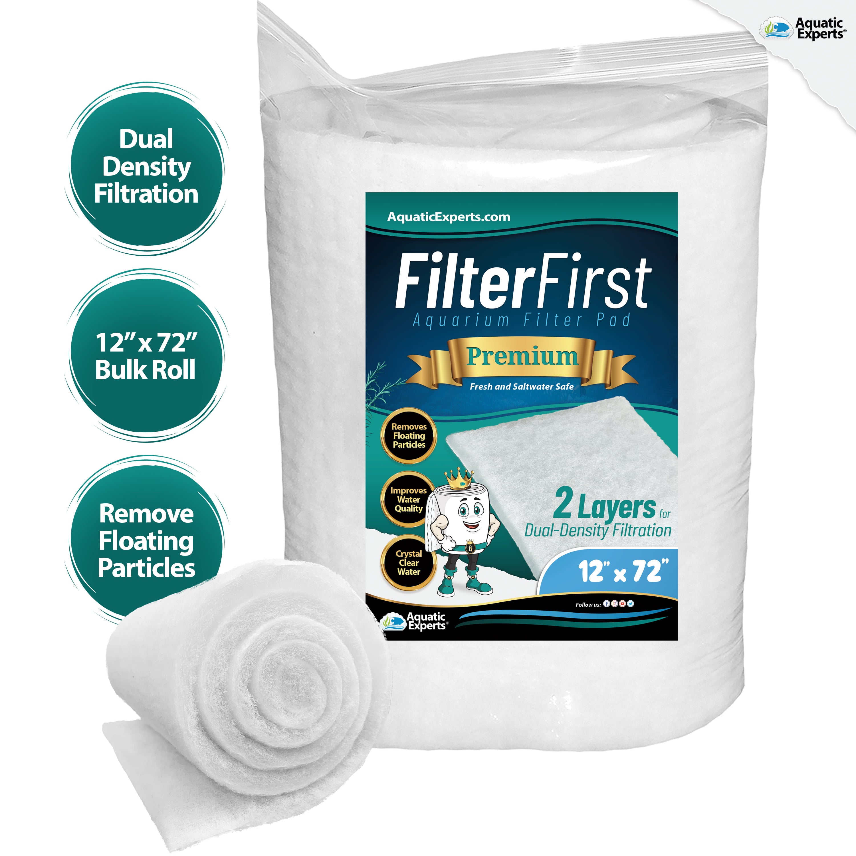 Aquatic Experts - FilterFirst Aquarium Filter Pad， Premium True Dual Density Filter Media Roll， 12'' by 72'' x .75''