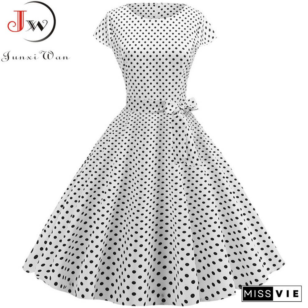 Women Summer Dresses Robe Vintage 1950s 60s Pin Up Big Swing Party Work Wear Rockabilly Dress White Polka Dot Vestidos