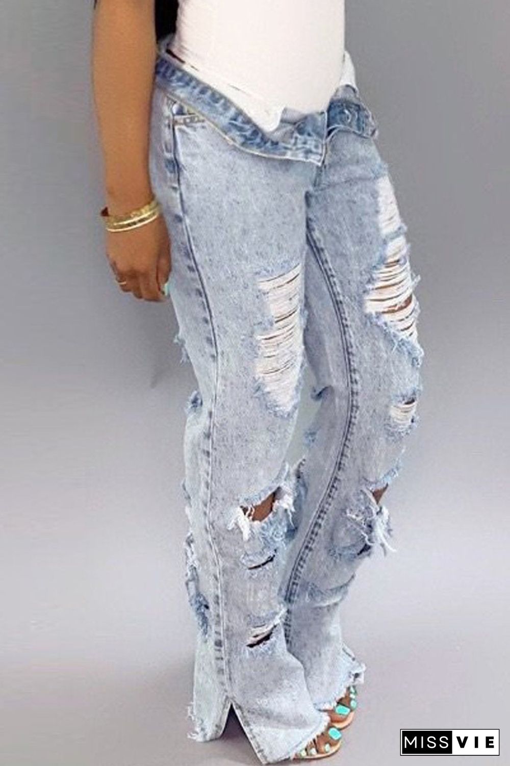 Hole Distressed Denim Slit Jeans