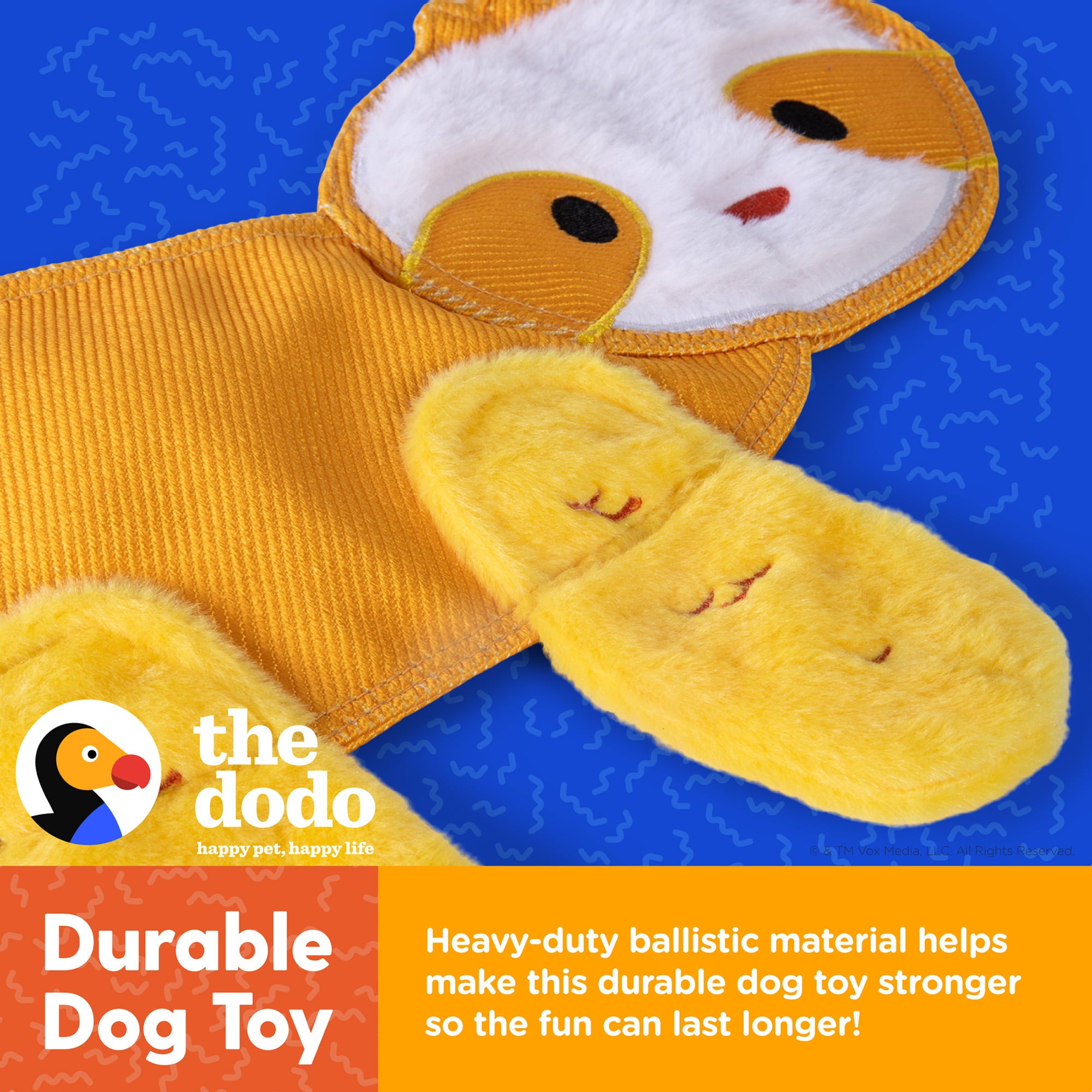 The Dodo Stuffingless Sloth Dog Crinkle Chew Toy， Yellow， Durable Ballistic Nylon Dog Toy