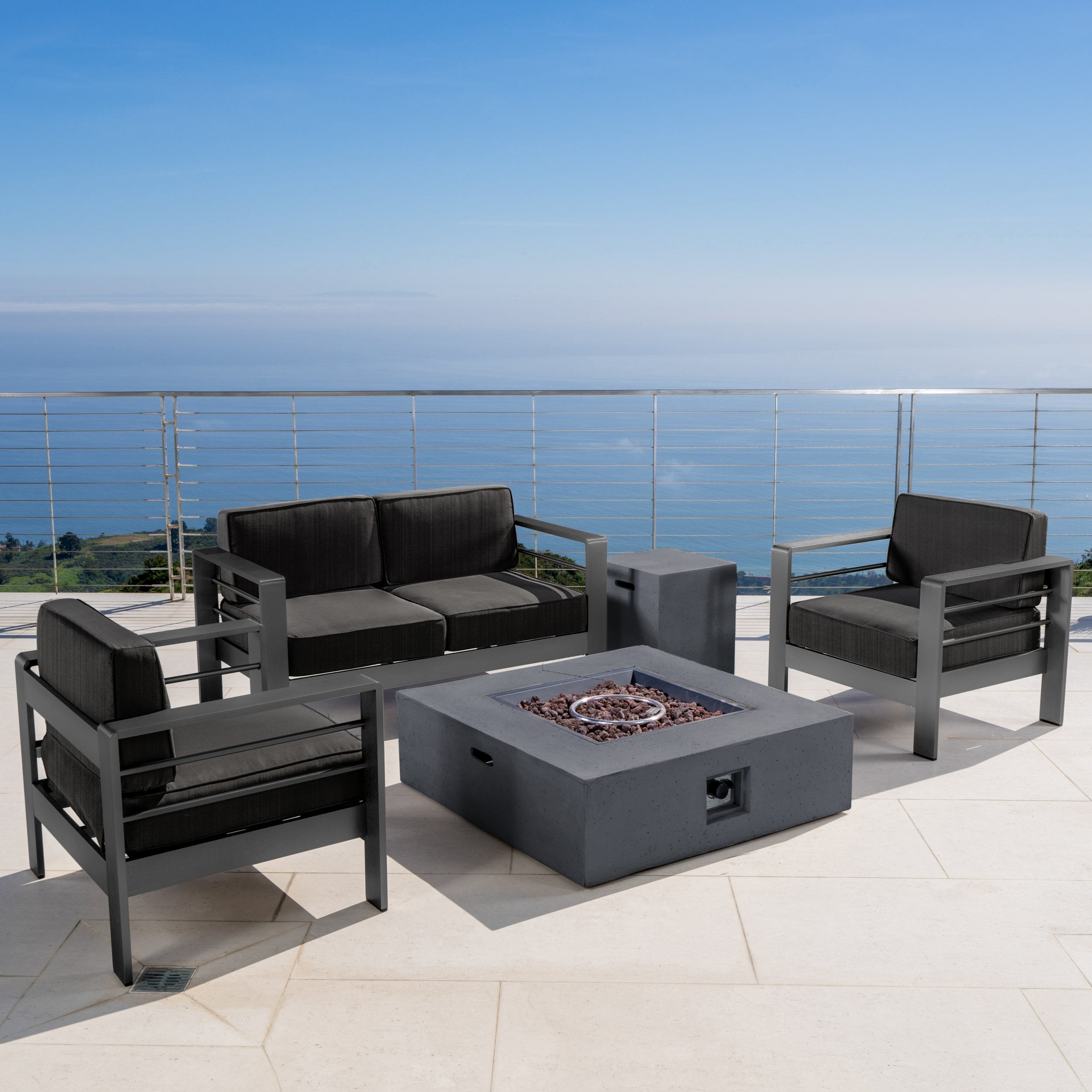 Coral Bay Outdoor Grey Aluminum 5 Piece Loveseat Chat Set with Fire Table