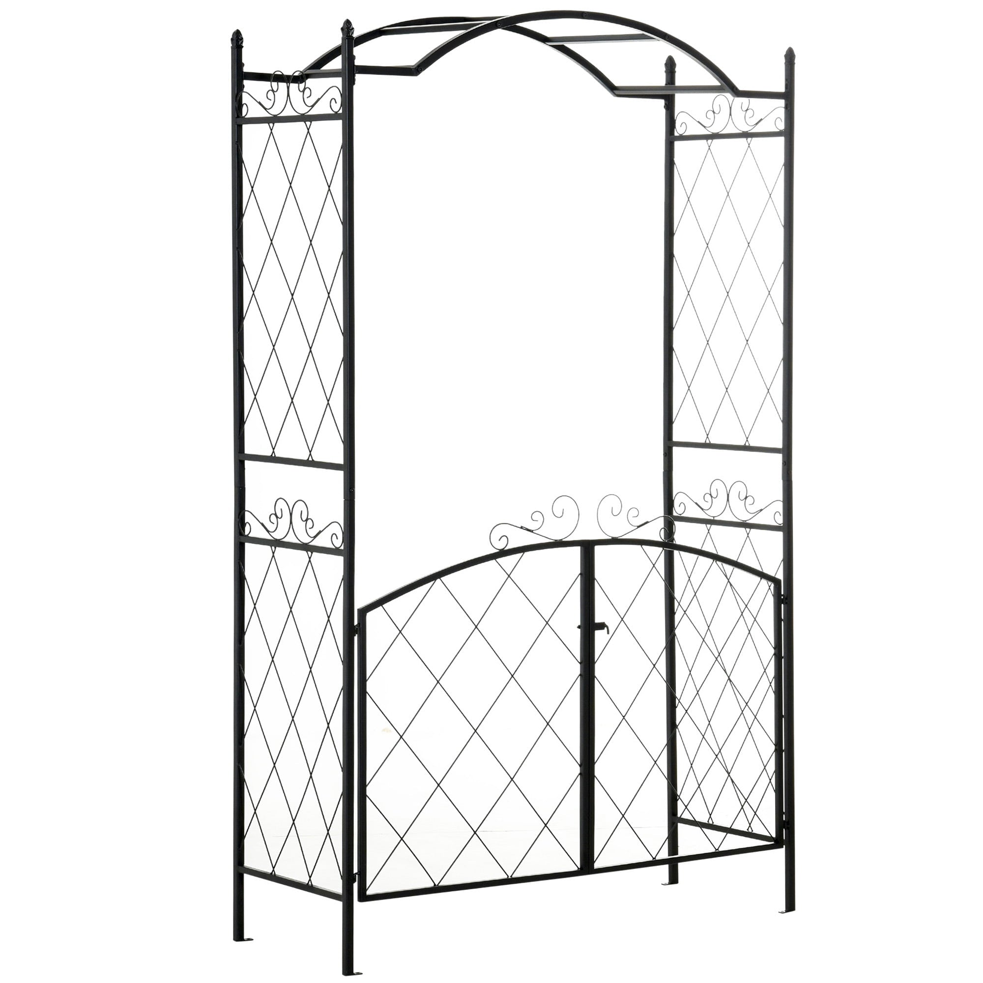 Outsunny 85'' Metal Garden Arbor with Gate, Outdoor Steel Arch with Scrollwork for Climbing Vines, Ground Mountable Columns