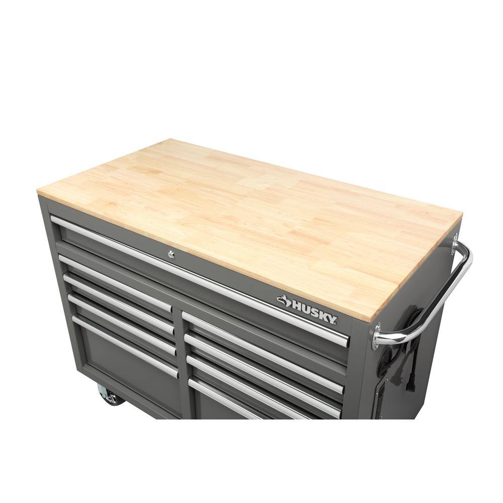 Husky 46 in. W x 24.5 in. D Standard Duty 9-Drawer Mobile Workbench CabinetTool Chest with Solid Wood Top in Gloss Gray H46MWC9GGV2