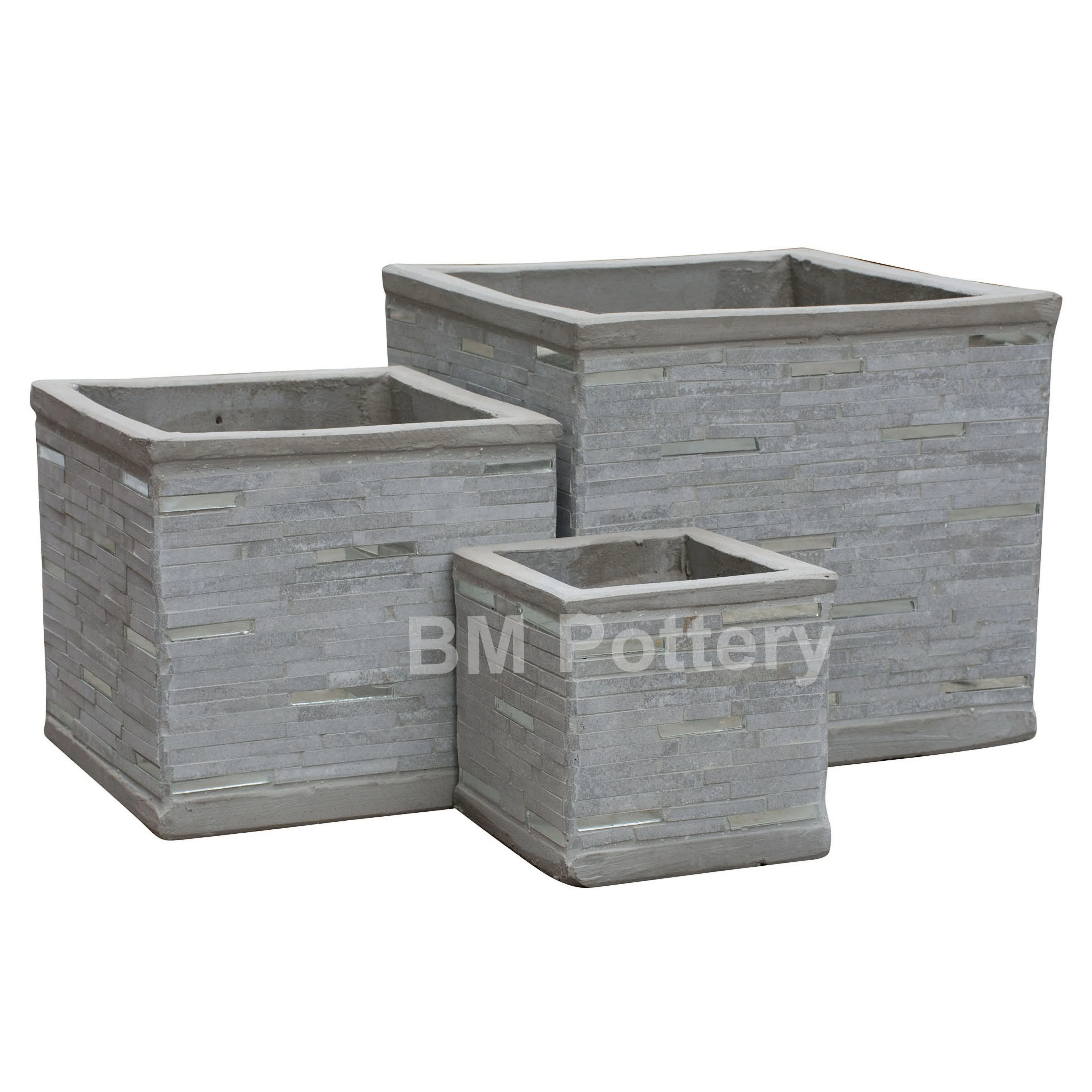 Set of 3 Cement Light Square Mosaic Pot Planters from Vietnam Indoor and Outdoor Pottery Garden Decor for plants