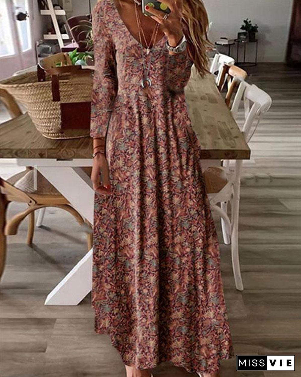 Autumn Boho A Line Retro Print Maxi Dress