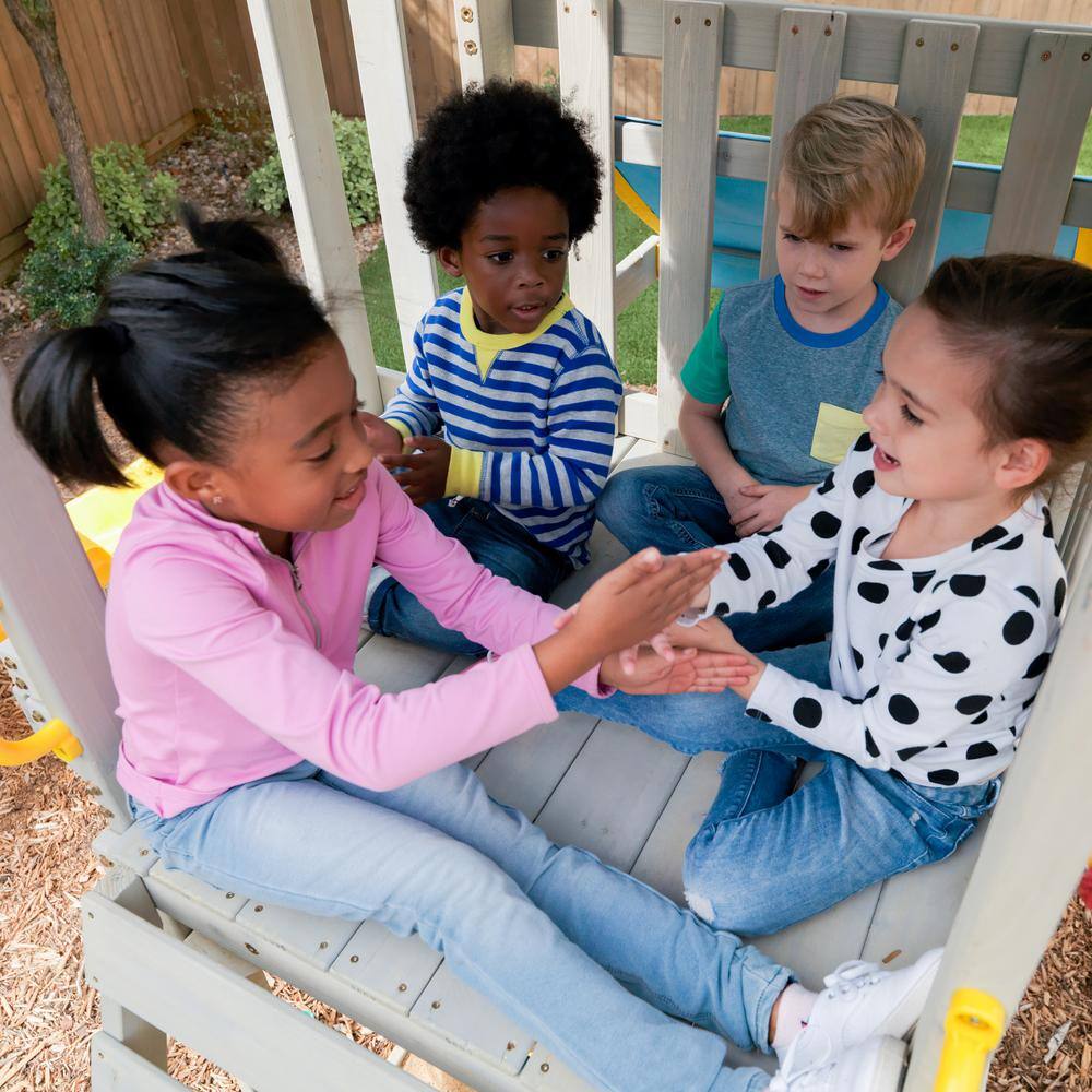 KidKraft Seacove Wooden Playset with Table  Bench Slide and Rock Wall Blue and Yellow F29075