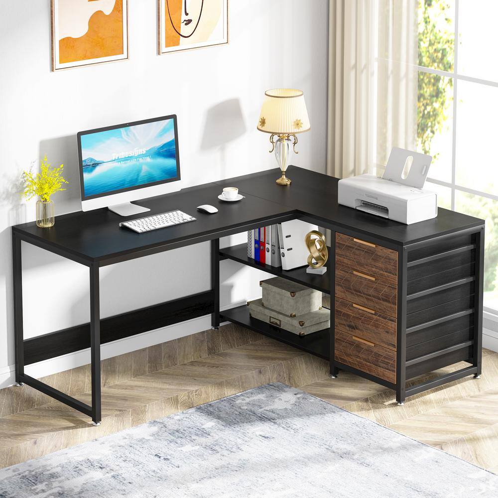 BYBLIGHT Lanita 59 in. L Shaped Black Particle Board 4 Drawer Computer Desk Reversible Corner Office Desk Sturdy Writing Table BB-XK00174XF