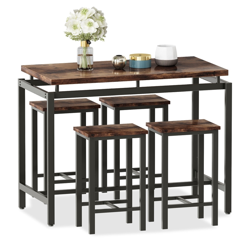 Mieres Minimalist Industrial Style Wooden Top 5 Pieces Dining Table Set with Four Stools for Ktichen and Dining Room