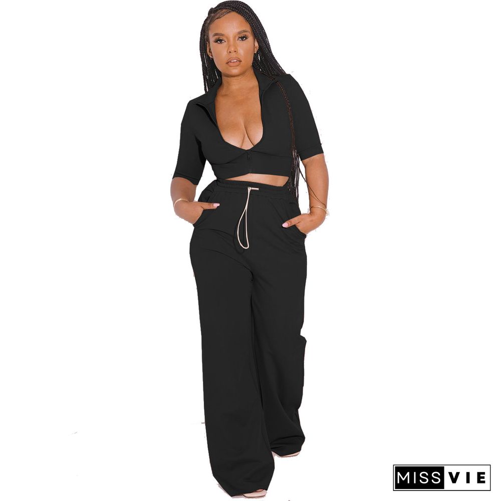 Zipper Short Sleeve Crop Top Wide Leg Pant Set