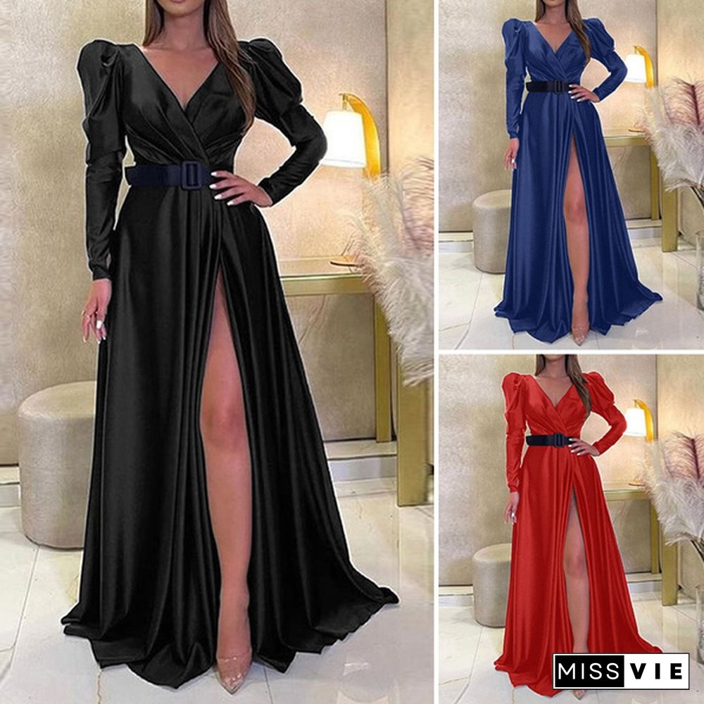 Womens V-Neck Cocktail Prom Sexy Kaftan Evening Split Silky Satin Maxi Dress Party Plus Size