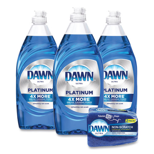 Procter and Gamble Dawn Platinum Liquid Dish Detergent | Refreshing Rain Scent， (3) 24 oz Bottles Plus (2) Sponges