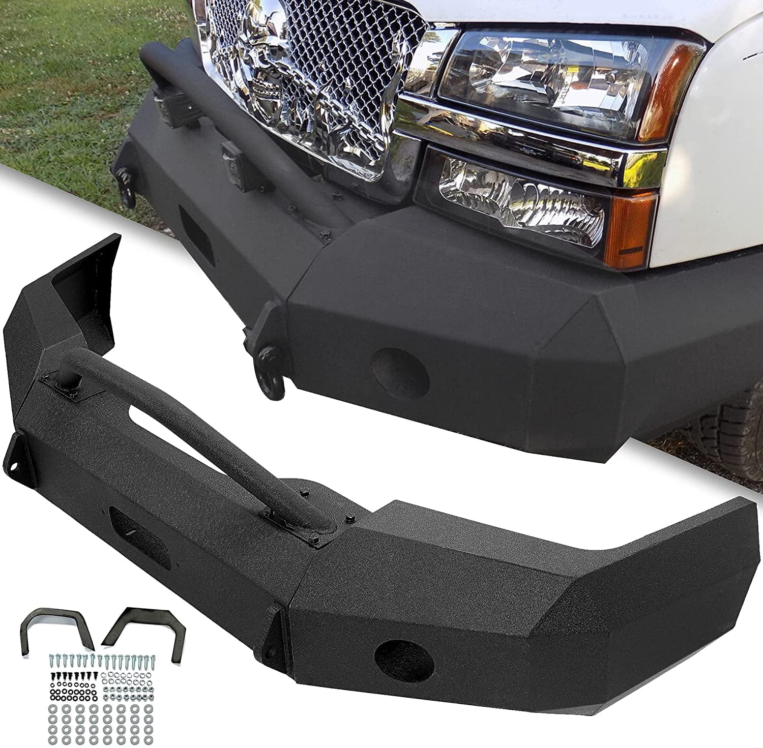 HECASA Steel 3-Piece Modular Front Bumper W/ Push Bar Fits 2003 2004 2005 2006 Chevrolet Silverado 1500