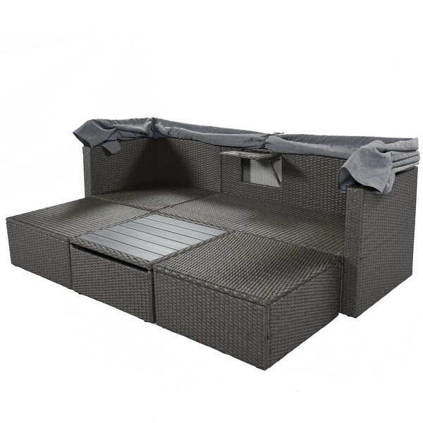 Roomfitters Outdoor Patio Rectangle Daybed with Retractable Canopy，Wicker Sectional Seating with Washable Cushions