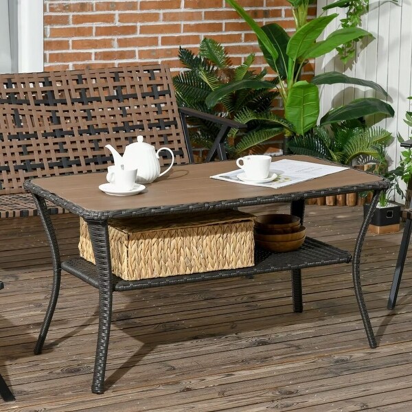 Outdoor PE Rattan Coffee Table with Storage Shelf，HandWoven Wicker