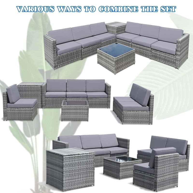 8 Pcs Rattan Patio Sectional Sofa Couch Set Outdoor Wicker Furniture Set with Storage Table & Cushions