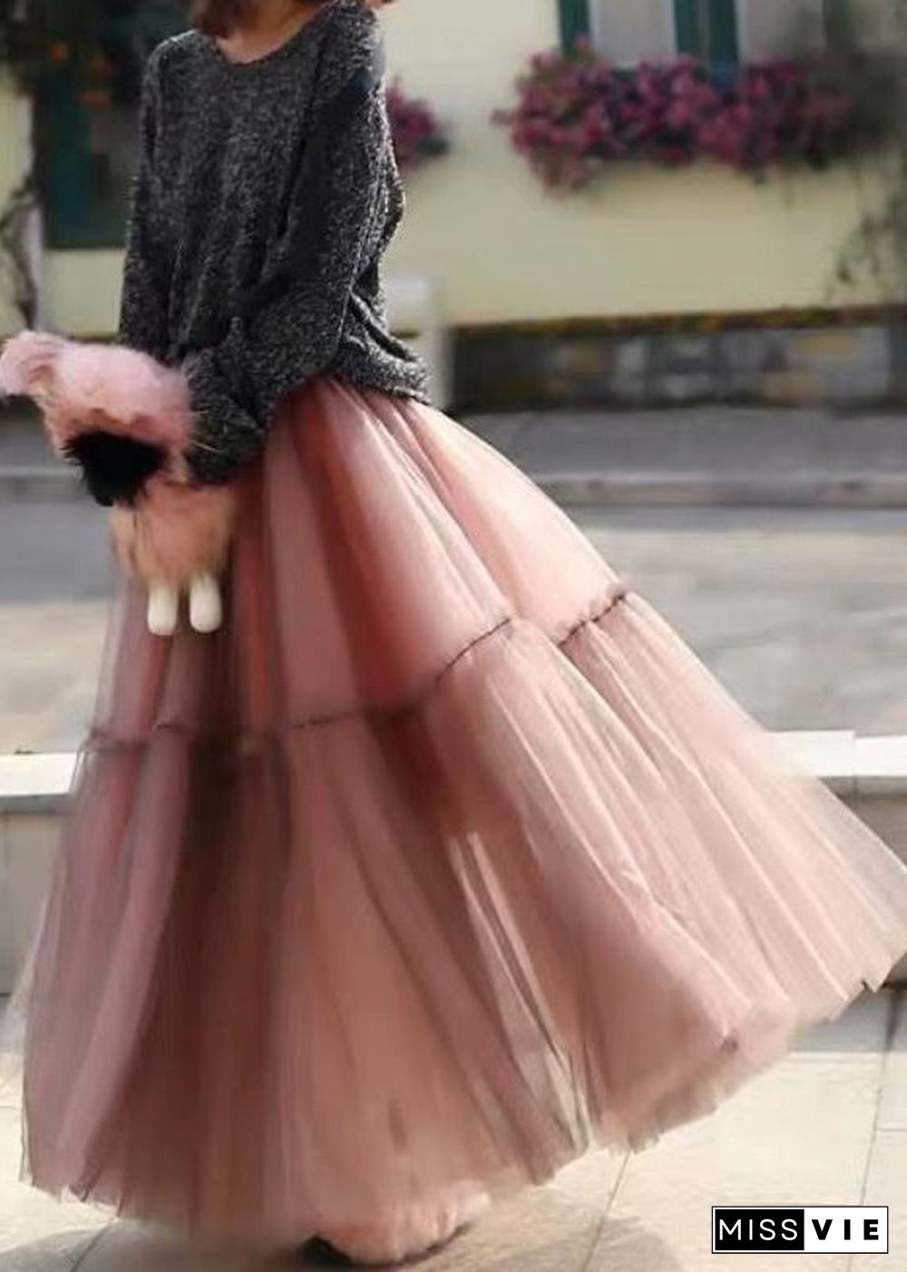 Women Grey Ruffled Tulle Cinched Circle Fall Skirt