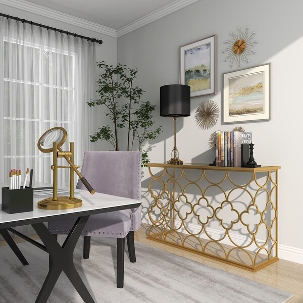 Gold Metal Quatrefoil Design Geometric with Glass Top Accent and Coffee Table Collection