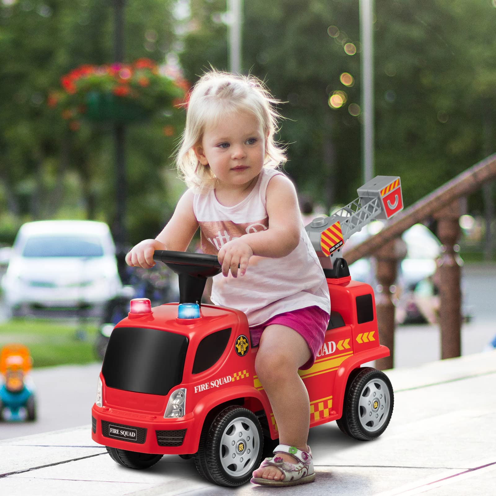 Costzon Kids Ride On Fire Truck, Ride On Push Car with Ladder Bubble Maker