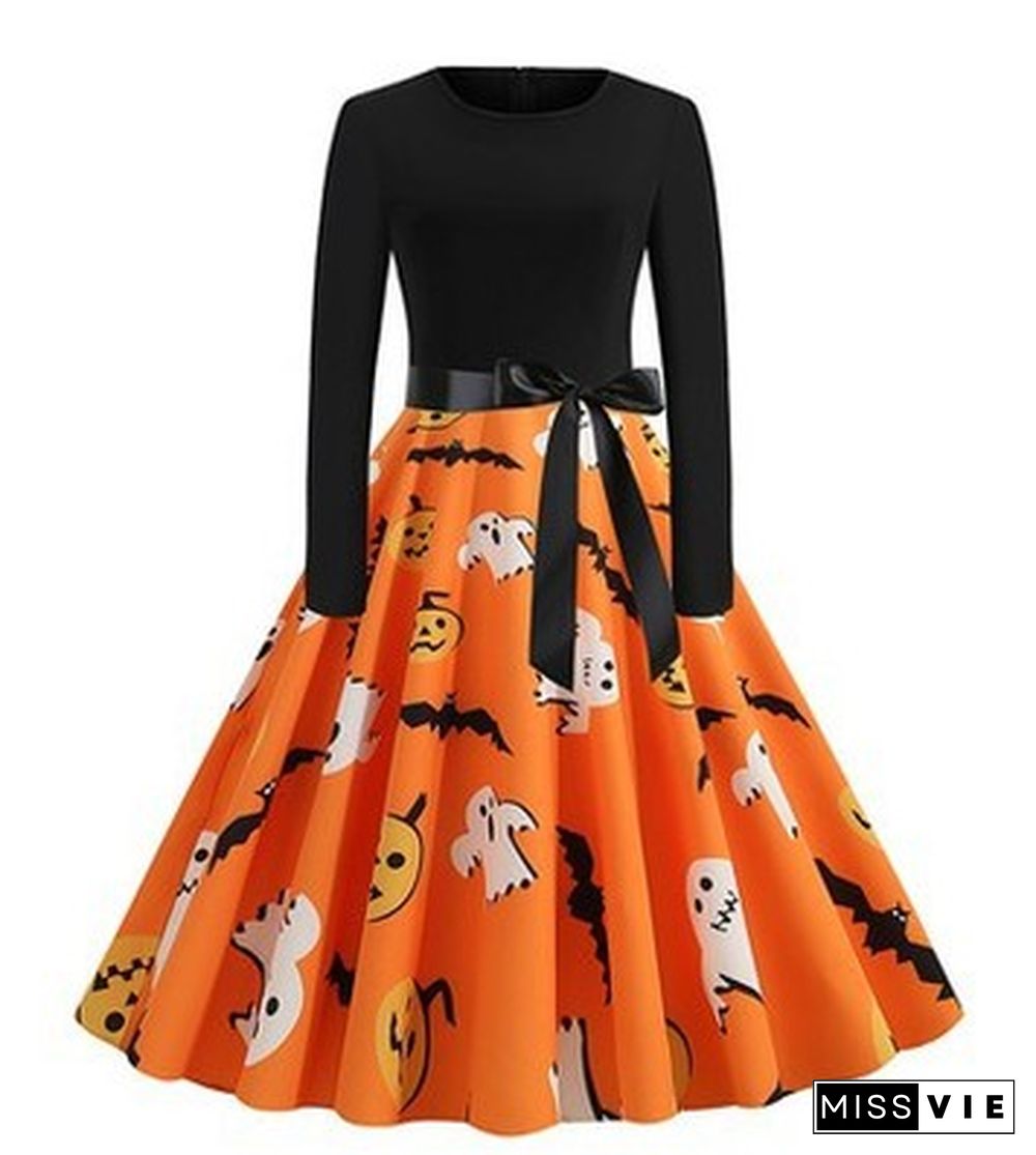 Halloween Print Stitching Long-Sleeved Big Dress