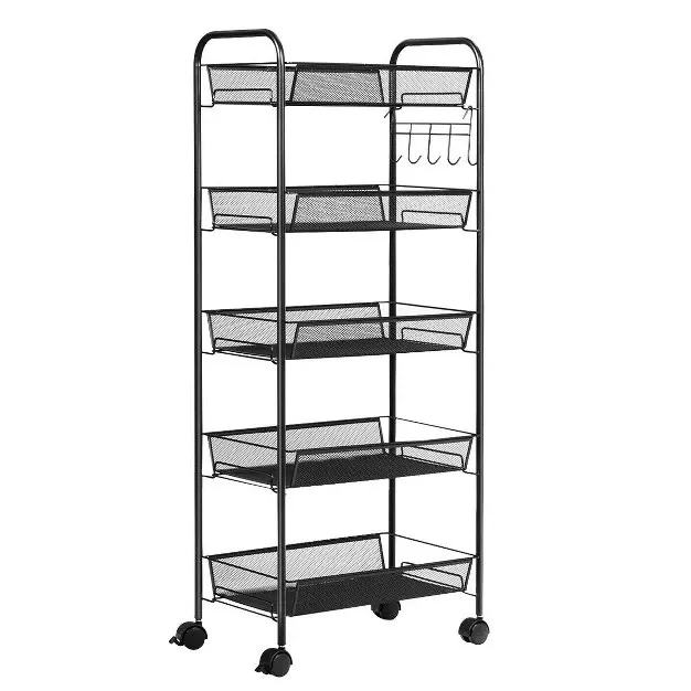 5 Tier Mesh Rolling File Utility Cart Storage Basket Home Office Kitchen Black