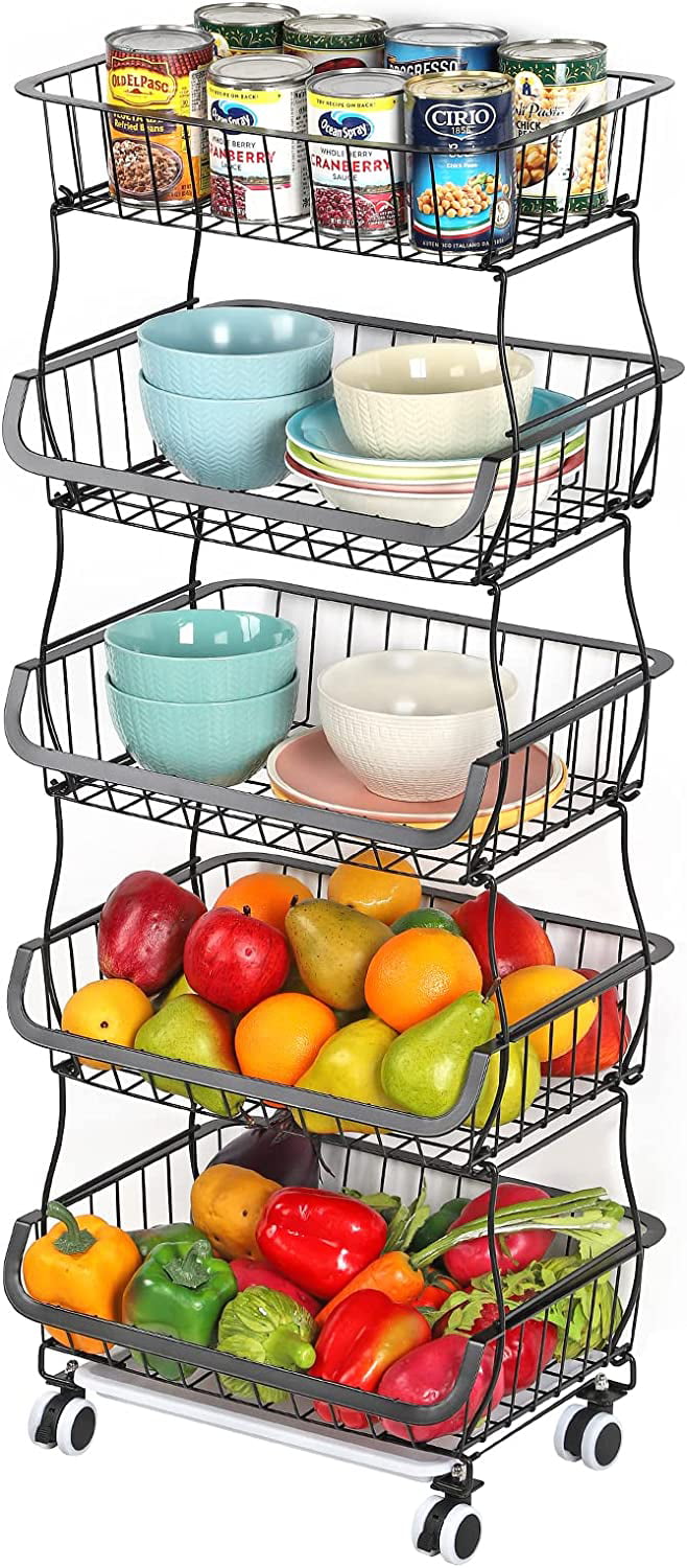 5 Tier Fruit Storage Basket Stand Kitchen Rolling Cart Vegetable Fruit Rack