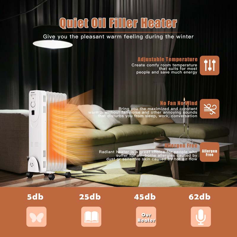 1500W Quiet Oil Filled Space Heater Portable Allergen Free Radiator