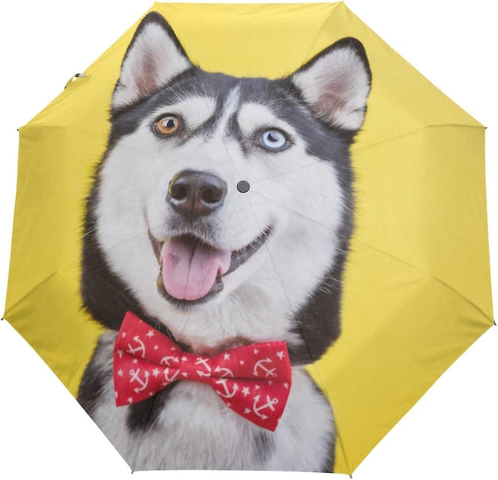 Travel Umbrella Automatic Windproof Foldable Umbrella Funny Husky Dog With Red Butterfly