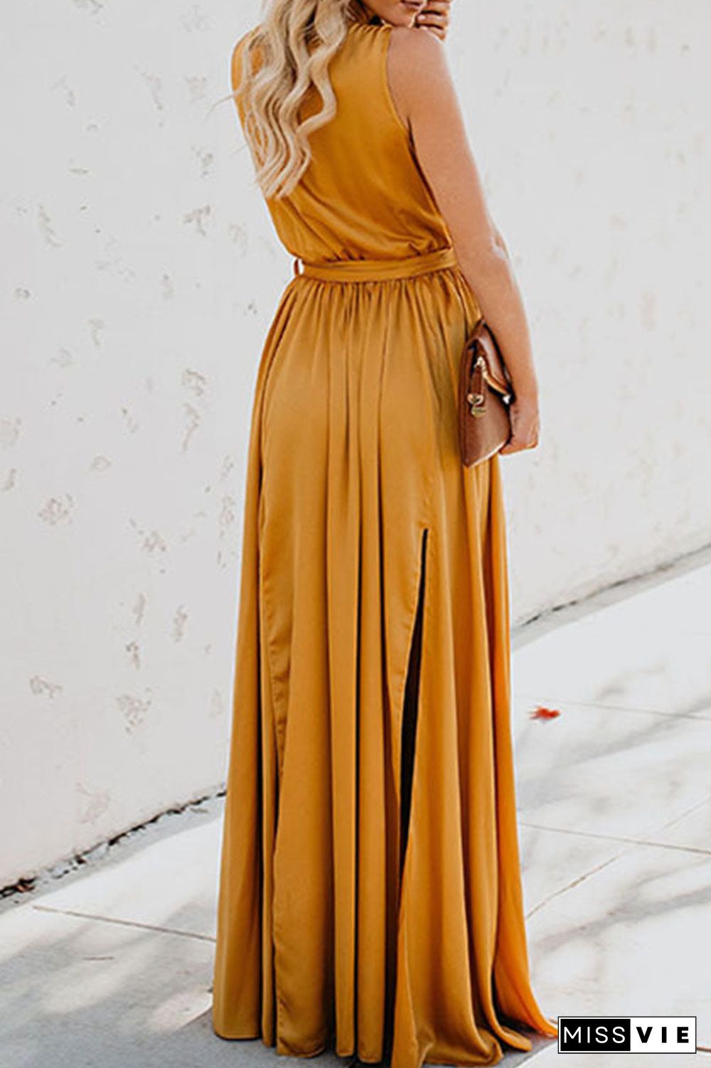 Fashion Street Solid Slit V Neck Waist Skirt Dresses