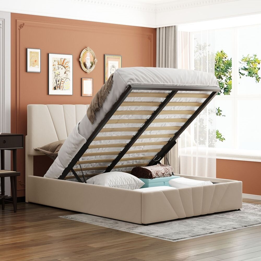 Queen size Upholstered Platform bed with a Hydraulic Storage System