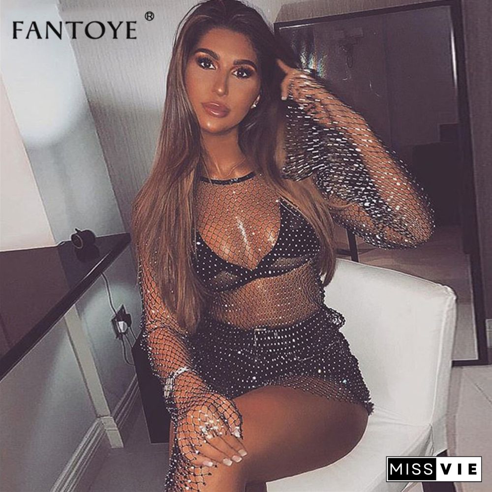 Fantoye New Crystal Diamond Sexy Bodycon Dress Women Hollow Out Mini Dress Summer Fishnet Mesh Beach Dress Party Vestidos