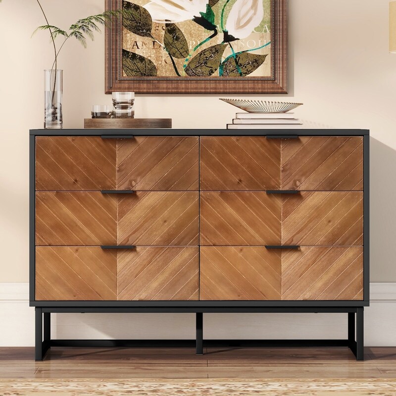 6 Drawers Dresser with Metal Leg and Handle for Bedroom  Storage Cabinet with Brown Wood Finish Drawer  Black+Brown