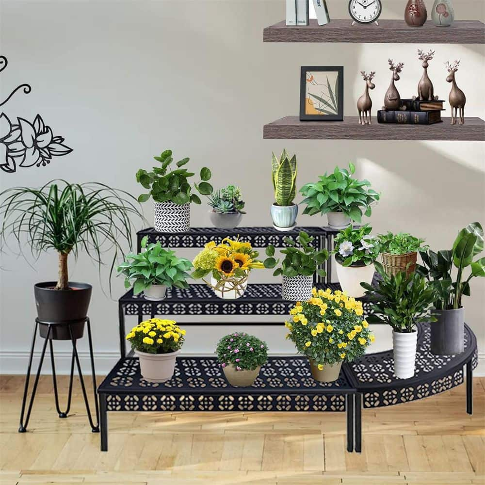 Dyiom Black Ladder Plant Stand 3 Rectangle Layers Stair Style Metal Vintage Shelf Pattern Flower Pot Rack Indoor and Outdoor B09T9PRHL1