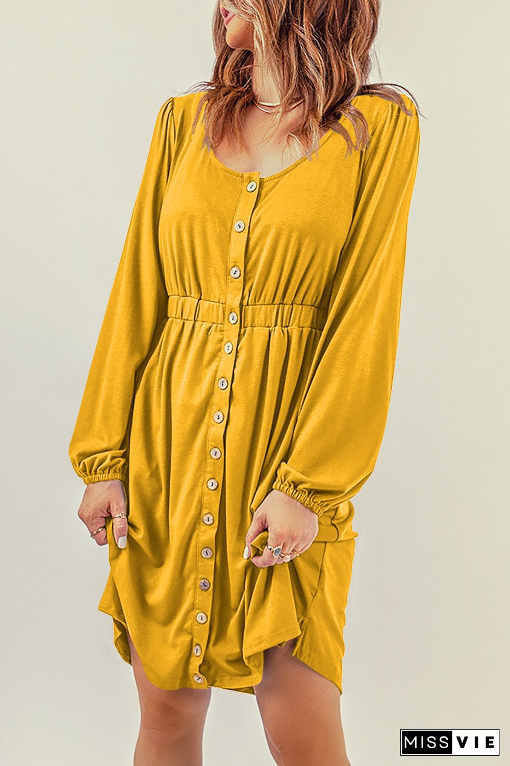 Yellow Button Up High Waist Long Sleeve Dress