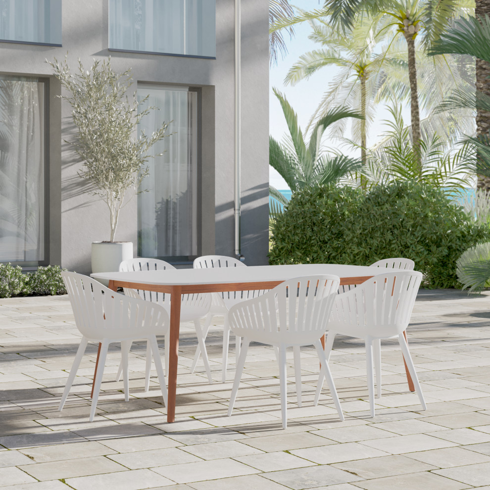 Amazonia 7 Piece Rhodes Rectangular Patio dining Set White Table White Aluminum   Midcentury   Outdoor Dining Sets   by Amazonia  Houzz