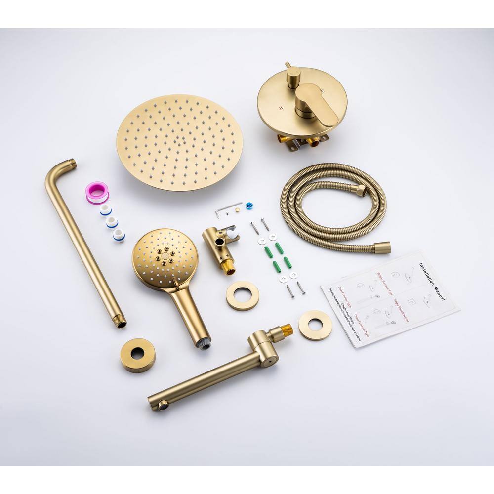 Lukvuzo 14 in. Brushed Nickel 3-Jet Shower System with Tub Spout and Rough-in Valve in Gold SNSA08FS003