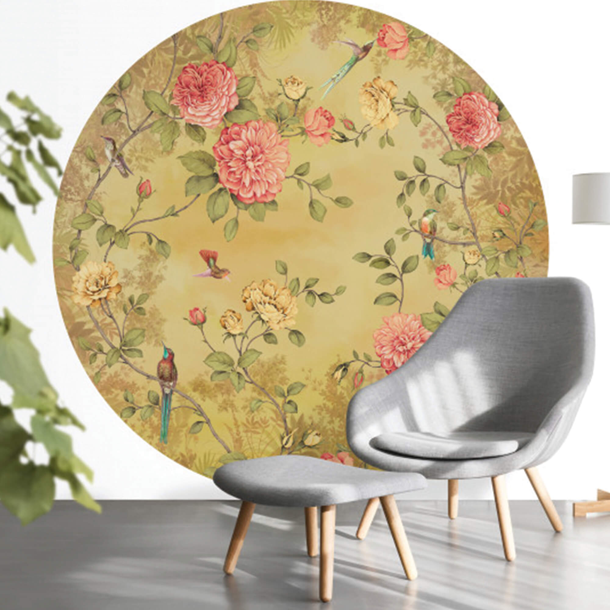 Circular Chinoiserie Wall Mural in Yellow