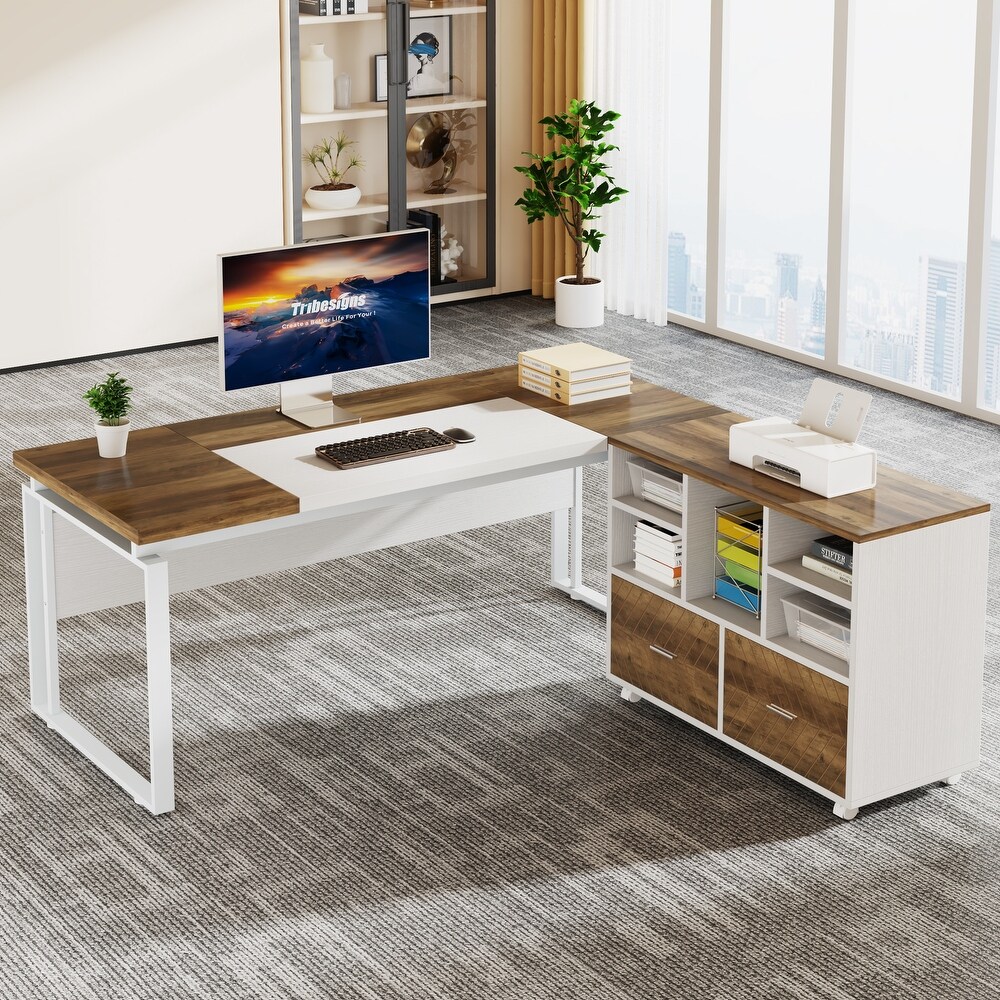 L Shaped Executive Desk with Reversible File Cabinet 63\