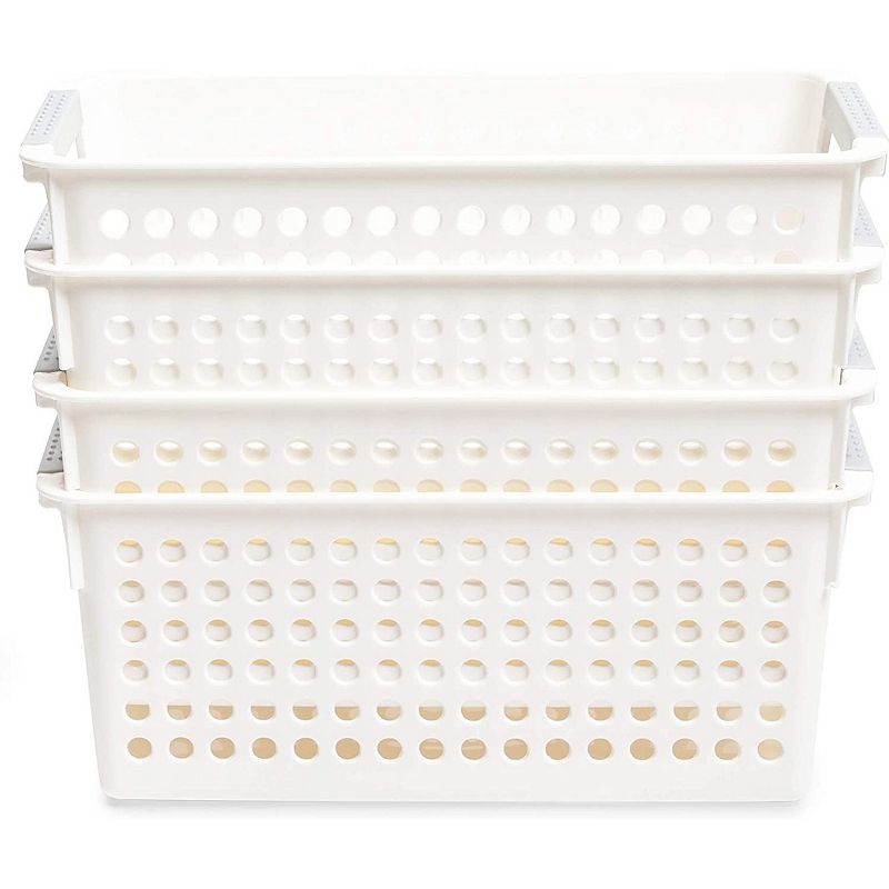 Farmlyn Creek Plastic Storage Baskets， White Nesting Bin Containers with Grey Handles (4 Pack)