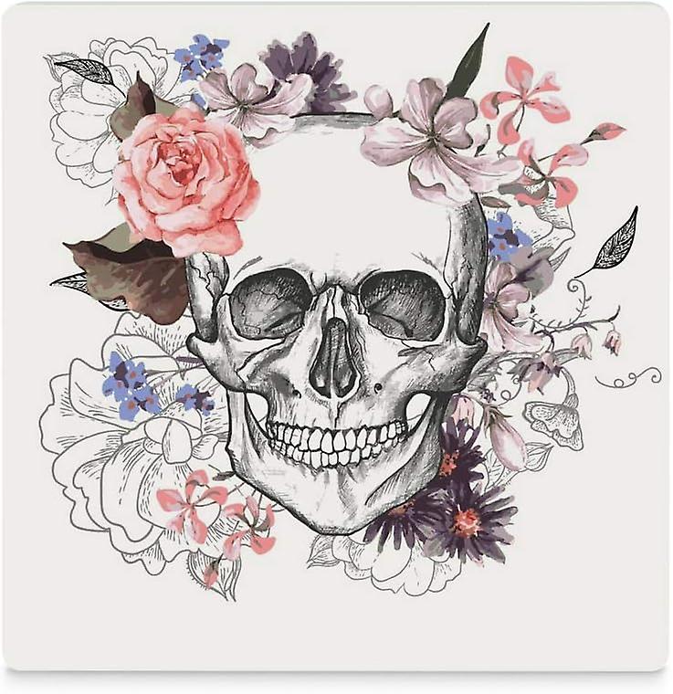 Printed Square Skull And Flowers Ceramic Coasters With Cork-backed For Coffee Drink Cup Mat Absorbent Stone Coaster Set Of 4/6