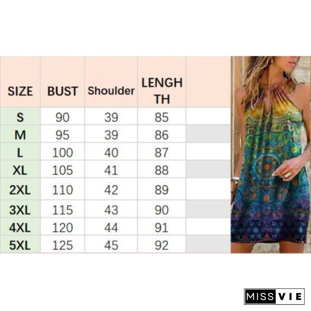 New Summer Women's Fashion Sling Halterneck Print Dress Casual Party Dresses Girls Above Knee Sleeveless Dress Plus Size