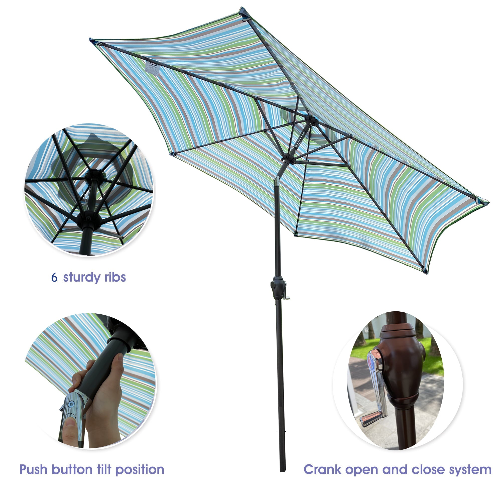 ametoys Outdoor Patio 9-Feet Market Table Umbrella with Push Button Tilt and Crank, Blue Stripes[Umbrella Base is not Included]