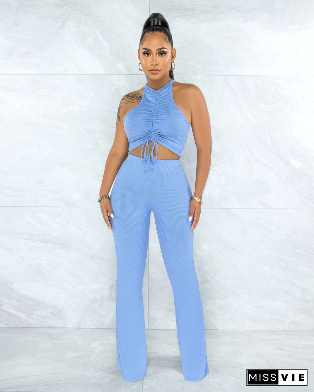 Solid Bandage Sleeveless Crop Top Flare Pants Set